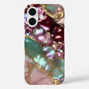 Blaugrüner Burgunderrot-Marmor-Handyhülle Gold Lux iPhone 16 Hülle