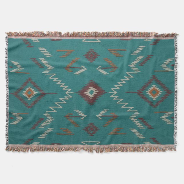 Blaugrüner geometrischer Navajo-Südwesten-Stil Decke (Vorderseite)