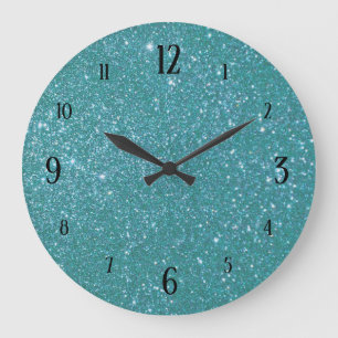 Blaugrüner Glitter Glam mit schwarzen Zahlen Große Wanduhr