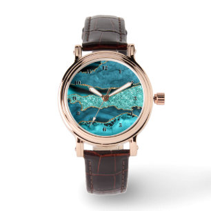Blaugrünes Gold Glitter Marmor Türkis Aqua Uhr