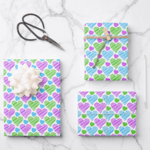 Blaugrünes Lila-Herzmuster Geschenkpapier Set
