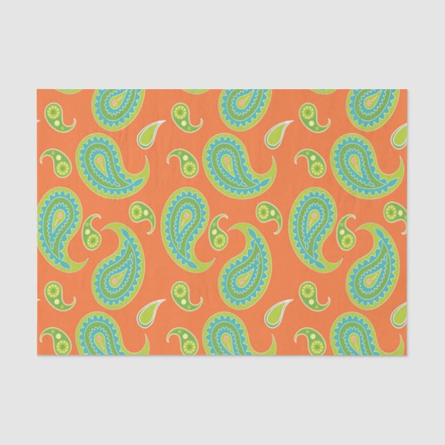 Blaugrünes Paisley auf Leuchtorange Seidenpapier (Vorderseite)
