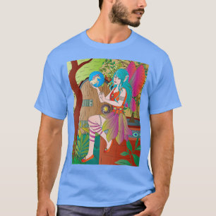 Blauhaarige Fee mit Einhorn in einem blauen Globus T-Shirt