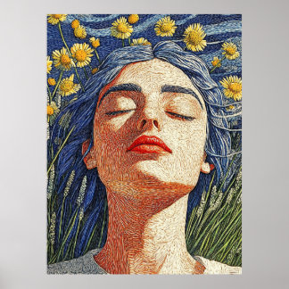 Blauhaarweibchen Gelbe Blüten Texturiertes Portrai Poster