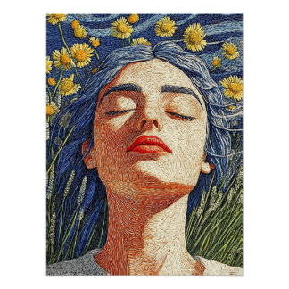 Blauhaarweibchen Gelbe Blüten Texturiertes Portrai Poster