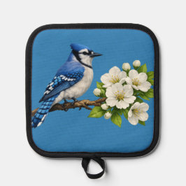 Blauhäher mit weißen Blüten Topflappen