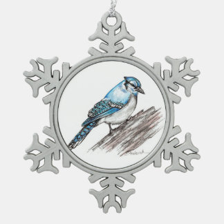 Blauhäher Schneeflocken Zinn-Ornament