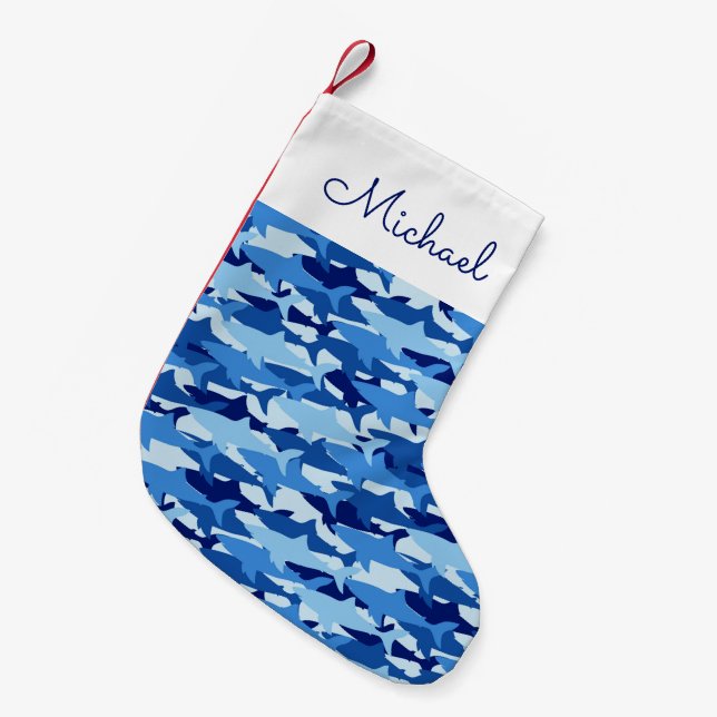 Blauhaie-Muster| Name hinzufügen Kleiner Weihnachtsstrumpf (Vorderansicht (hängend))