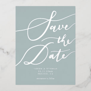 Blauhandgeschriebene Kalligrafie Save the Date Folie Einladungspostkarte