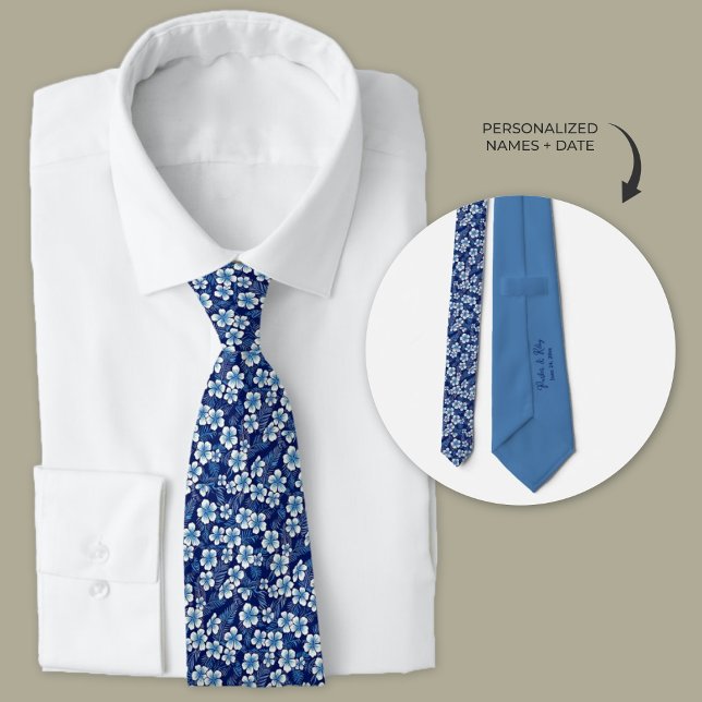 Blauhawaiianische Plumeria-Blume Personalisiert Krawatte (Blue Hawaiian personalized wedding ties for groomsmen and groom.)