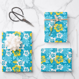 Blauhawaiianischer Hibiskus Blumenmuster Geschenkpapier Set