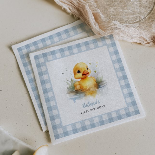 Blaukarierte Enten-Geburtstagspapier Serviette (Von Creator hochgeladen)