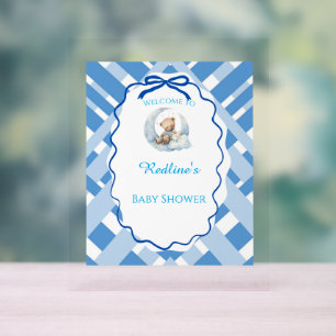 Blaukarierter Junge Baby Shower Bär Willkommen Acrylschild