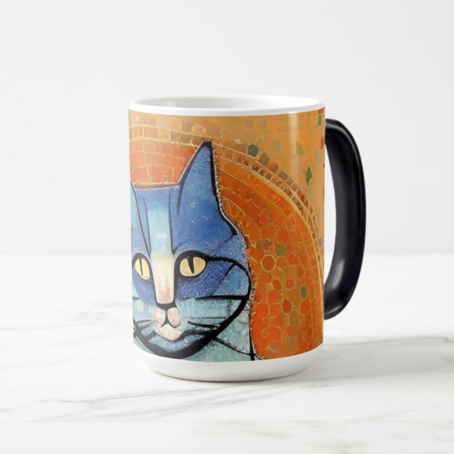Blaukatzenmosaik, abstrakte Kunst, goldene Sonne Verwandlungstasse (VorderseiteRechts)