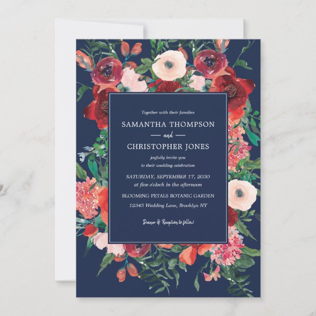 Blaukorallenflorale Wasserfarbe Hochzeit Einladung (Vorderseite)