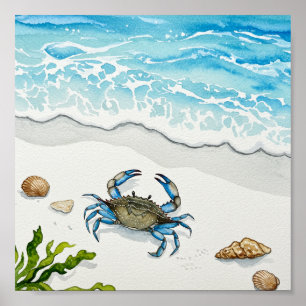Blaukrabbe, weißer Strand Poster