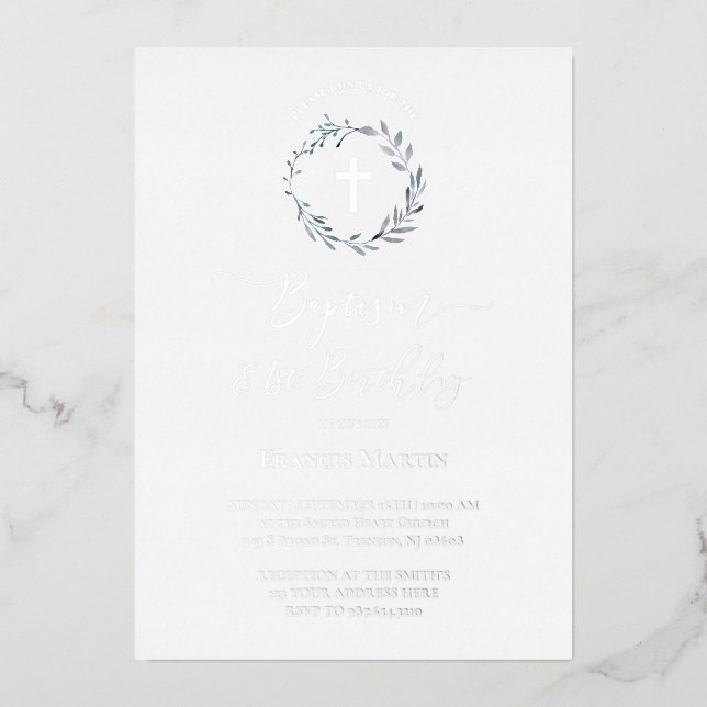 Blaukranz-Taufe und erster Geburtstag Folieneinladung (Vorderseite)