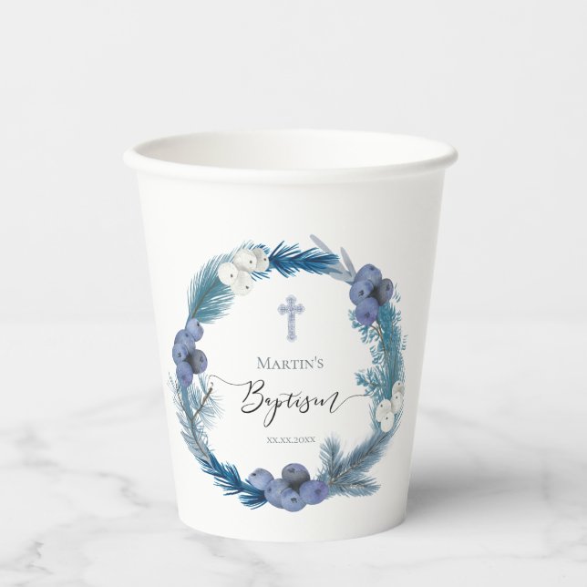 Blaukränzdesign | Winter Taufe Papiertasse Pappbecher (Vorderseite)