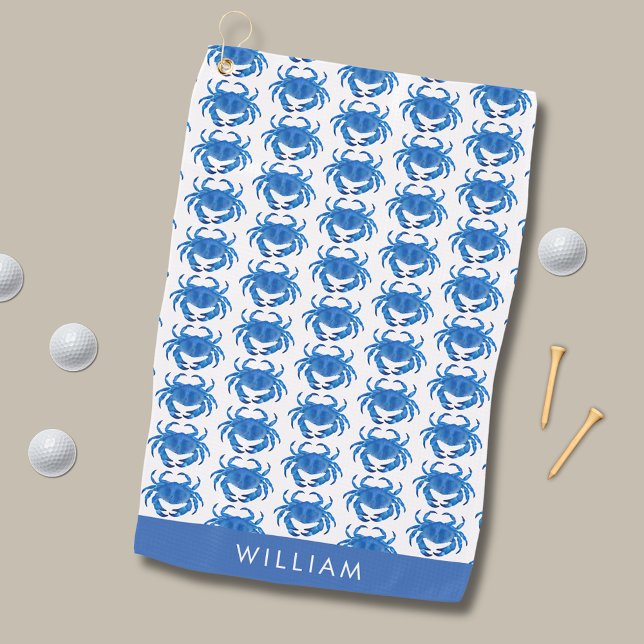 Blaukrebsmuster Golfhandtuch (Blue crab crustacean golf towel.  Personalize with your  own name, initials or choice of text.)