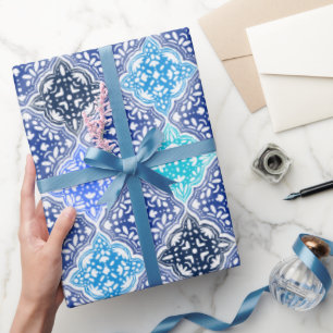 Blaulackiertes marokkanisches Fliesenmuster Geschenkpapier