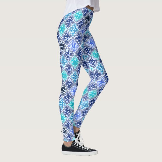 Blaulackiertes marokkanisches Fliesenmuster Leggings (Rechts)