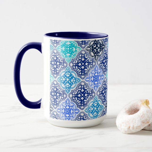 Blaulackiertes marokkanisches Fliesenmuster Tasse (Mit Donut)