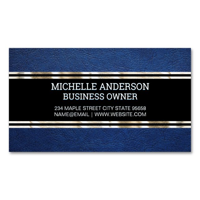 Blauledertextur | Gold Trim Metallic Foil Magnetische Visitenkarte (Vorderseite)