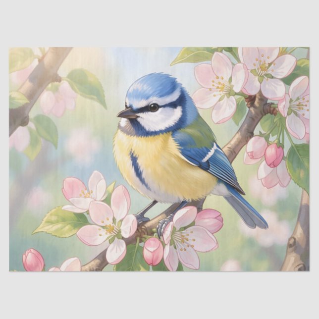 Blaumeise auf Apfelbaum-Frühlingsdecoupage Seidenpapier (Vorderseite)