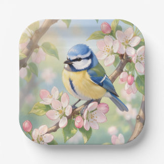 Blaumeise auf Apfelbaum im Frühling, Aquarell Pappteller