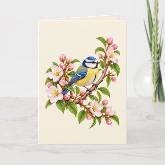 Blaumeise auf blühendem Ast Botanischer Vogel Karte