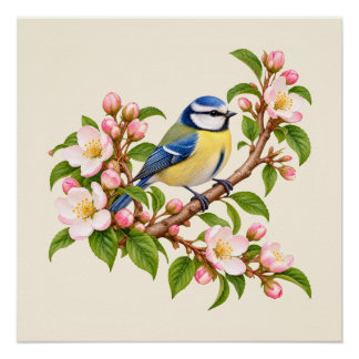 Blaumeise auf blühendem Ast Botanischer Vogel Poster