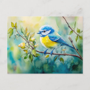 Blaumeise auf einem Ast Aquarellmalerei Postkarte