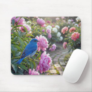 Blaumeise auf einer rosa Pfingstrose Mousepad