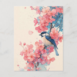 Blaumeise auf rosa Kirschblütenzweig Postkarte