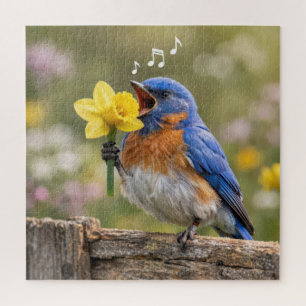 Blaumeise singt in eine gelbe Narzisse