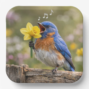 Blaumeise singt in eine gelbe Osterglocke Pappteller