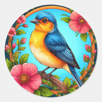 Blaumeise und Blumen für Vogelliebhaber Runder Aufkleber