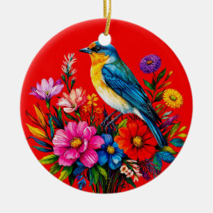 Blaumeise zwischen farbenfrohen Frühlingsblumen si Keramik Ornament