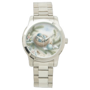 Blaumeisennest mit Ornamenten in Winterkiefern Armbanduhr
