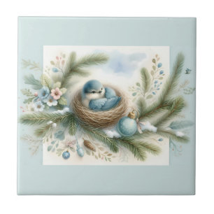 Blaumeisennest mit Ornamenten in Winterkiefern Fliese