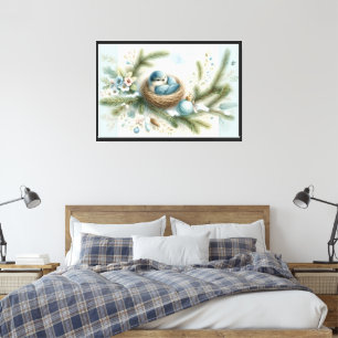 Blaumeisennest mit Ornamenten in Winterkiefern Leinwanddruck