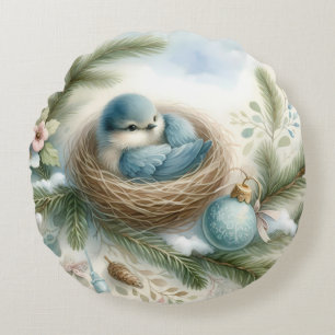 Blaumeisennest mit Ornamenten in Winterkiefern Rundes Kissen