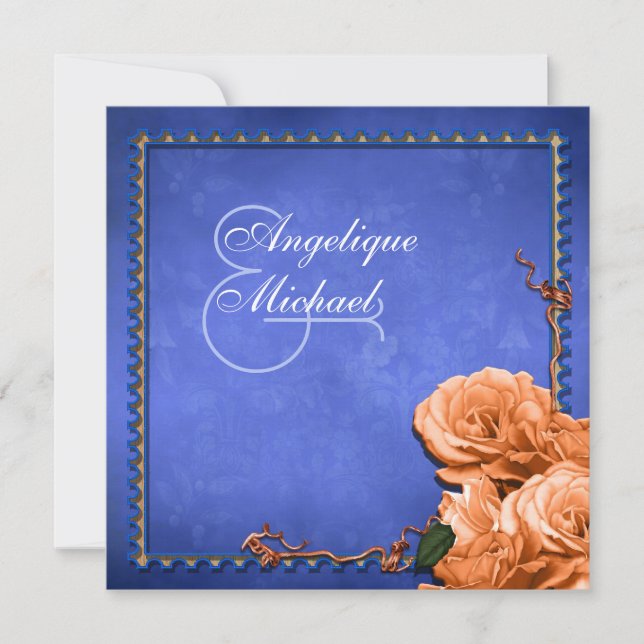 Blauorange Hochzeit Vintage Rose Einladung (Vorderseite)