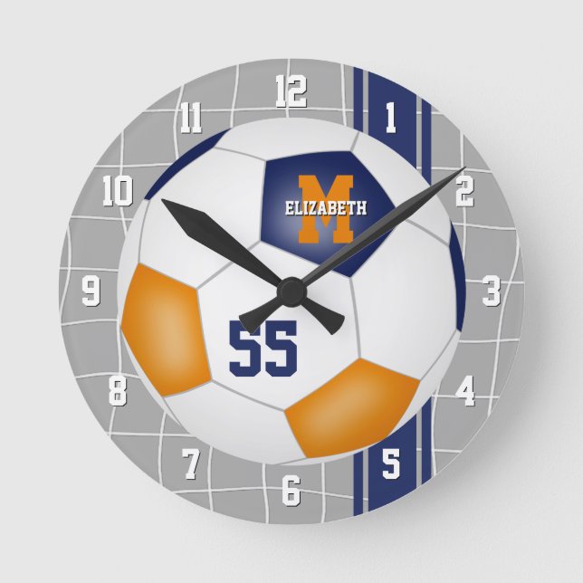 Blauorange Mannschaftsfarben Varianzstreifen Fußba Runde Wanduhr (Vorderseite)