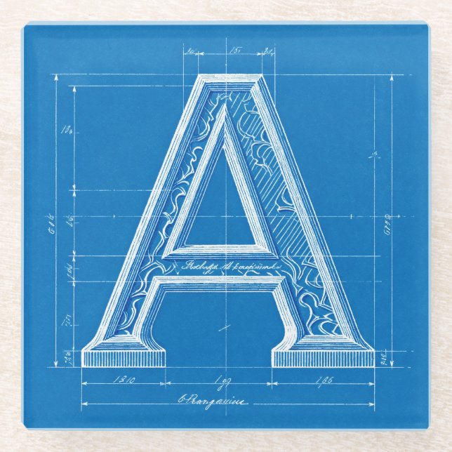 Blaupause-Monogramm Buchstabe A Glasuntersetzer (Vorderseite)