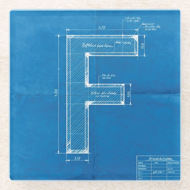 Blaupause-Monogramm Buchstabe F Glasuntersetzer (Vorderseite)