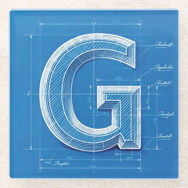 Blaupause-Monogramm Buchstabe G Glasuntersetzer (Vorderseite)