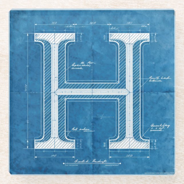 Blaupause-Monogramm Buchstabe H Glasuntersetzer (Vorderseite)