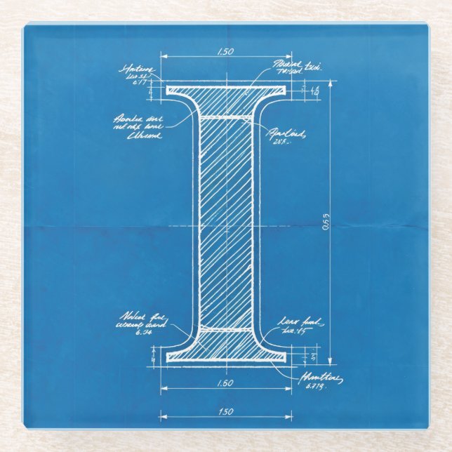 Blaupause-Monogramm Buchstabe I Glasuntersetzer (Vorderseite)