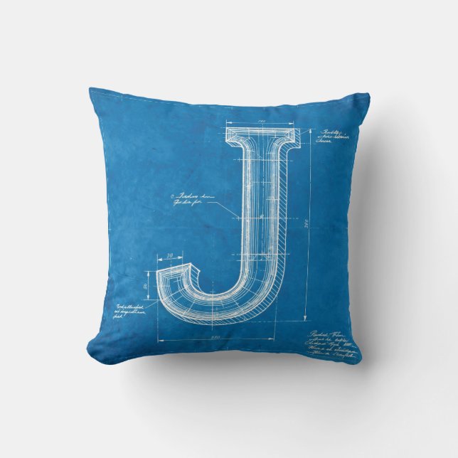 Blaupause-Monogramm Buchstabe J Kissen (Vorderseite)